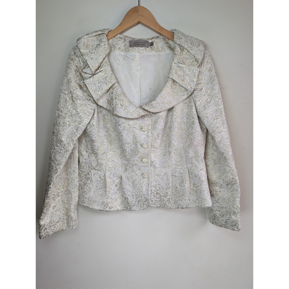 Teri Jon Portrait Collar Formal Jacket Womens 10 Gold Metallic Brocade Formal
